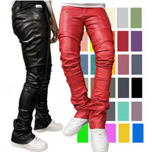 Load image into Gallery viewer, Mens PU Leather Skinny Fit Elastic Fashion Trousers Motorcycle Pants Thin Streetwear Leather Stacked Flare Pants For Men