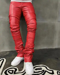 Mens PU Leather Skinny Fit Elastic Fashion Trousers Motorcycle Pants Thin Streetwear Leather Stacked Flare Pants For Men