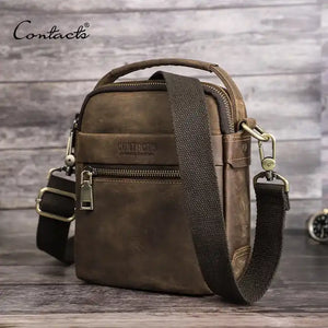 CONTACT'S Vintage Travel Crossbody Crazy Horse Leather Messenger Phone Bag Small Men HandBag For iPad Mini 8.3