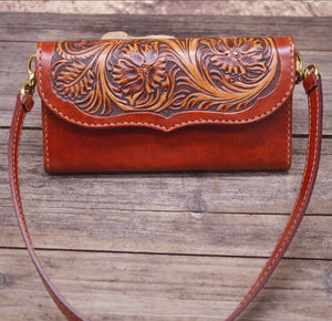 Hand-customed leather carving wallet leather top layer cow leather carrying underarm bag